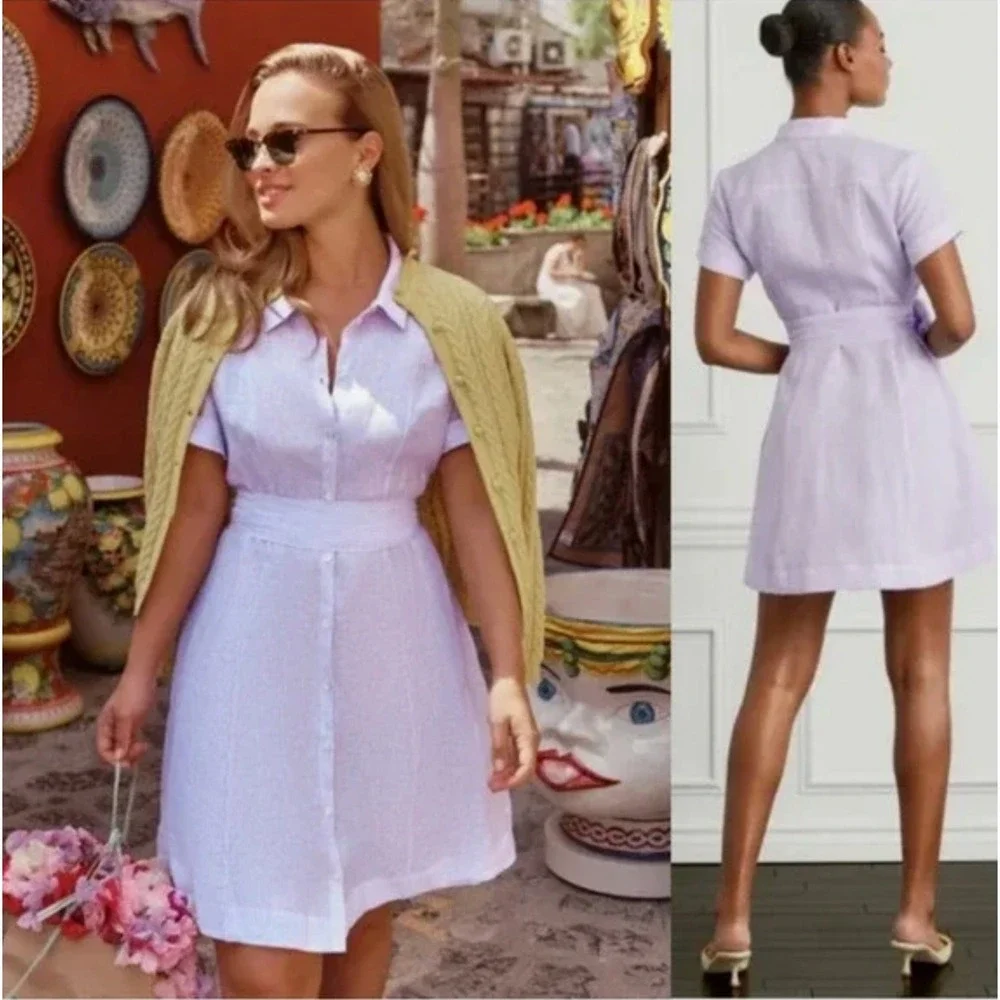 Hill House Laura Dress Linen Stripe Shirt Dress in Lilac‎ Size Medium - Picture 2 of 11